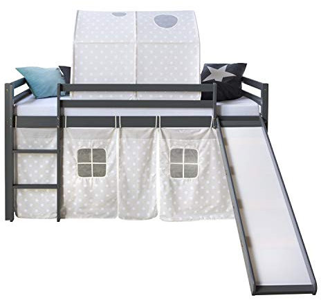 Homestyle4u Kinderbett Hochbett 90x200 mit Rutsche Grau Kiefer Holz Bettgestell mit Leiter Tunnel Vorhang Sterne | Artikel 1872