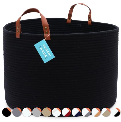 OrganiHaus Black Storage Basket 50x33 – Large Cotton Rope Bin with Handles, for Blankets, Toys, Living Room or Kids' Room