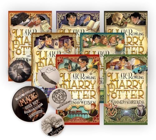 Harry Potter alle 7 Bände in der Jubiläumsausgabe (Hardcover) + 1 original Harry Potter Button Badge Pack