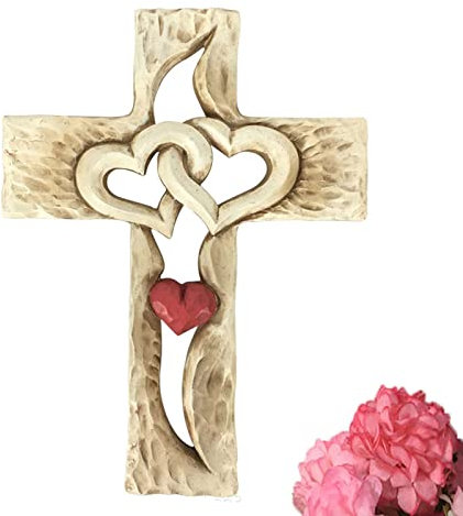 KSUDE, Croce in legno, cuori intrecciati, intagliata a mano, intagliata a mano, per decorazione da appendere alla parete, per la casa e il soggiorno (cuore rosso)