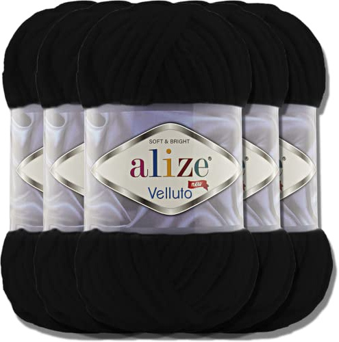 Hobby YARN Alize Velluto 5x 100g Türkische Strickwolle super Bulky Wolle zum Häkeln Uni Farbe Babywolle Flauschgarn Filzwolle Kuschelwolle (Black | 60)