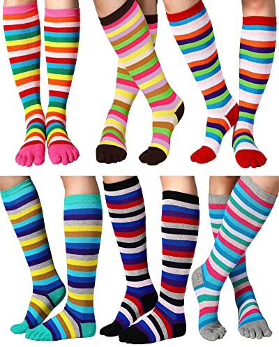 Jeere 6 pares de calcetines de algodón con diseño de arco iris para mujeres y niñas, con diseño de arco iris, para mujeres y niñas, calcetines largos de algodón con dedos de los pies, calentador de