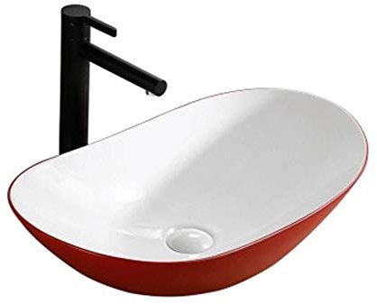 ADITAM Lavabo de Salle de Bain Lavabo à Plumes Elliptique Rouge Nordique Cuvette de Toilette Lavabo Bol en Céramique Vasque en Verre Lavabo (Couleur : Rouge/Blanc, Taille : 60x36x13cm) Double the
