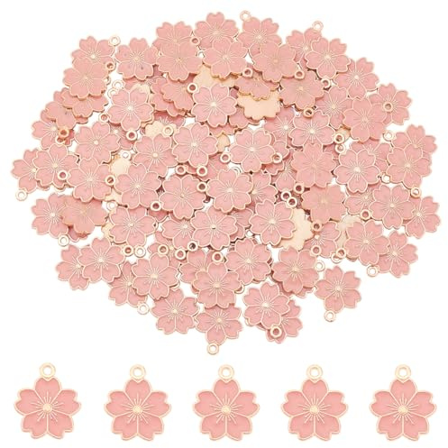 DICOSMETIC 100 Pz Ciondoli Smaltati Sakura Rosa Ciliegio Dorato Flatback Smalto Lega per Creazione Gioielli, Foro: 2 mm