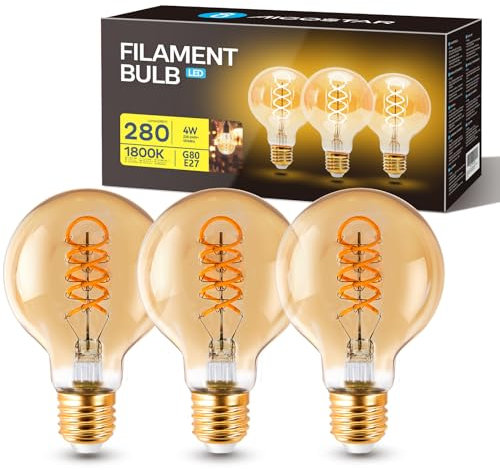 Aigostar - Ampoule LED E27 4W, Modèle G80, Blanc Chaud 1800K, 280 Lumens, Ampoule Vintage de Type Edison à Filament et Verre Ambré. Ampoule Décorative, Non Dimmable, Paquet de 3 unités
