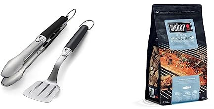 Weber 6645 Original Portable 2-Piece Stainless Steel Tool Set & 17665 Räucherchips Meeresfrüchte, 700 g, mild-fruchtige Raucharoma, Lachs, Makrele, Garnelen und andere Meeresfrrüchte, Aroma, Räuchern
