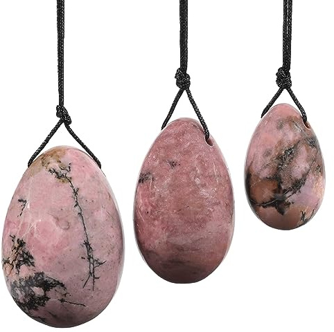 Nupuyai Rhodonite Yoni Set di 3 uova con corda, cristallo forato Massaggio pietra ovale cono uovo per donne coni esercizio rafforzare muscoli pelvici