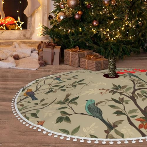 121,9 cm Weihnachtsbaumrock mit Pompons Vogel auf Ast Weihnachtsbaummatte Abdeckung Weihnachtsbaum Rock für Weihnachten Urlaub Party Weihnachtsdekoration Ornamente Pom Poms Baumrock für Happy New Year