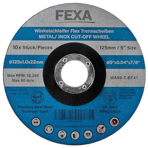 Fexa Trennscheibe 125 - Schleifscheiben für Metall, Stahl, Edelstahl, Inox 125mm x 1mm, 10 Stück - Flexscheiben 125 dünn