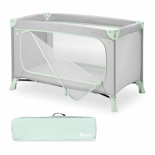 hauck Dream N Play PLUS, Dusty Mint - Travel Cot for Babies & Toddlers with XL Hatch, Travel Bag, Lightweight, Fast & Compact Folding, 120cm x 60cm, from Birth up to 15 kg