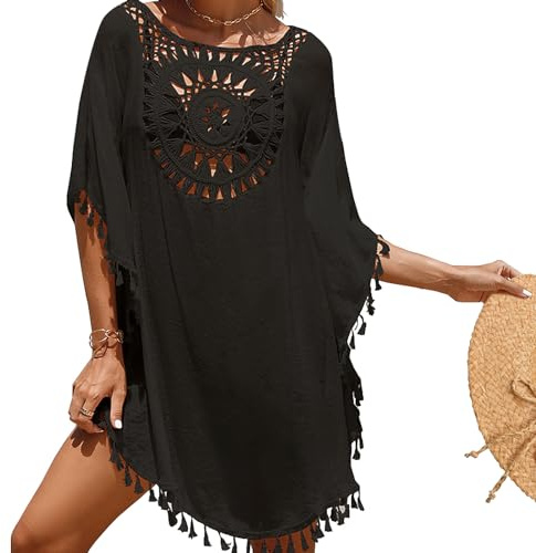 Figarge Damen Strandkleid Bikini Cover Up,Sommer Strandurlaub Badeanzug mit Quasten Cutout Crochet Strandtunika Boho Strandtunika, Transparent Bikini Beachwear Cover-Ups (Polyester, Schwarz)