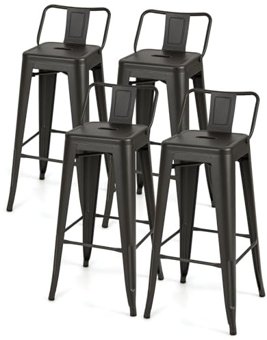 TANGZON Stackable Bar Stools Set of 4, Metal Bar Chairs with Backrest, Footrests & Anti-slip Rubber Feet, Counter Height Breakfast Stools for Home Kitchen Dining Living Room (Gun, 42x42x92cm)
