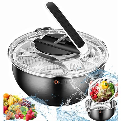 MOREIH Stainless Steel Salad Spinner, 3.5L_Press Type Lettuce Washer Dryer Vegetable Dehydrator, Multifunctional Vegetable Spinner Fruit Drainer with Secure Lid Button for Cleaning&Drying&Storing