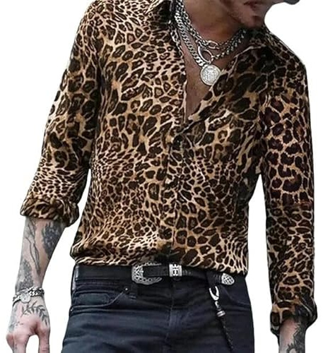 JINGBDO Herren Hemd Leopard Lapel Männer Hemd Print Mann/Frauen Lässig Langarm Shirts Übergroße Unisex Kleidung