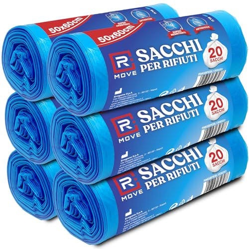 R MOVE 120 sacchetti spazzatura 50x60 cm, sacchi spazzatura 35 litri, 6 rotoli, 20 sacchi immondizia per rotolo, sacchi indifferenziata, sacchetti pattumiera (Senza Manici (120 sacchi))