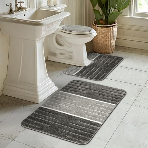 AKCILA Como Bad Teppich Grau 50x80+40x50cm | 3-teiliges Set Badezimmerteppich | Badematte bunt | Bad Vorleger waschbar | Rechteckig Badewanne rutschfest | Badematten & Badteppiche | Bathroom Rug