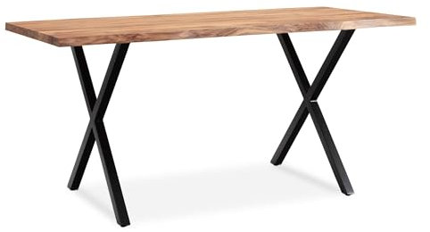 Wohnling Schreibtisch 160x80x76 cm Akazie Massivholz/Metall Computertisch Baumkante, Homeoffice Bürotisch Massiv mit X-Beinen in Schwarz, Holztisch Laptoptisch Arbeitszimmer
