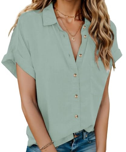 HOTOUCH Bluse Damen 100% Baumwolle Hemd Elegant Hemdbluse Einfarbig Blusenshirt Revers Einreihiges Leinenhemd Kurzarm V-Ausschnitt Shirt Sommer Leinenbluse Lässig Oberteile mit Taschen Hellgrün L