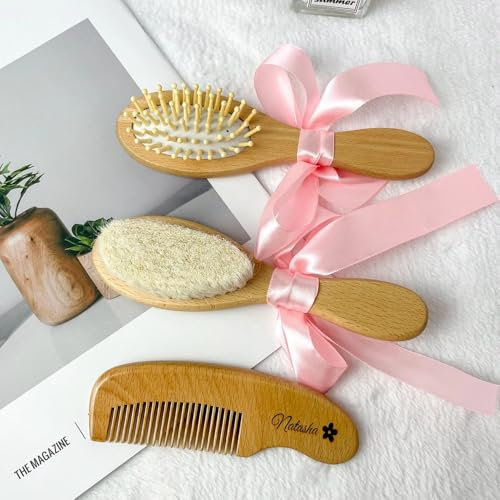 3 Satz Baby Haarbürste Personalisiert Mit Name, Babybürste Aus Holz, Ziegenhaare Extra Weich Für Babys Haare, Baby Bürste Zubehör, Neugeborenen Geschenk, Erstlingsausstattung