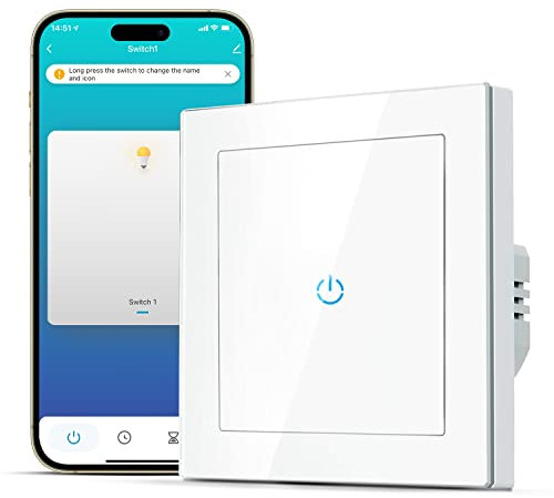 SMARTERCURRY Smart WLAN Lichtschalter 1 Fach 1 Weg Weiß 1 Stück Neutralleiter Erforderlich,Touchscreen aus gehärtetem Glas, Timing-Funktion, Kompatibel mit Alexa/Google