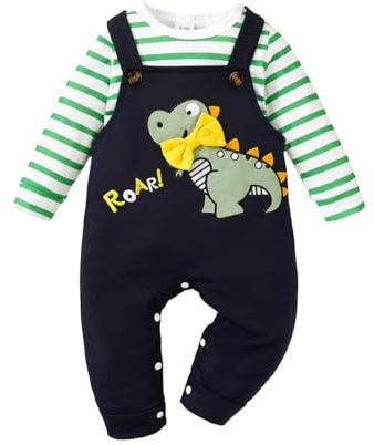 UUAISSO Babykläder för pojkar, långärmad, randig topp, dinosaurietryck, overall, justerbara hängslen, Grön, 3-6 månader