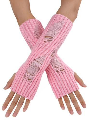 Whakano Gestrickte Fingerlose Handschuhe Damen 30cm,Elegante Lange Handschuhe,Hohl Handschuhe mit Daumenloch,Armwärmer Handwärmer Frauen,Winterhandschuhe Damenhandschuhe,Rosa