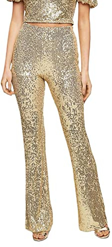 Damen Pailletten Schlaghose Elastische Hohe Taille Weites Bein Glockenhose Slim Party Club Glänzende Hosen Clubwear