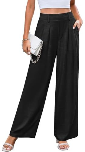 CMTOP Pantalon Lin Femme Été à Jambe Droite Ample Décontracté Fluide Taille Haute avec Cordon de Serrage Elastique et Poches