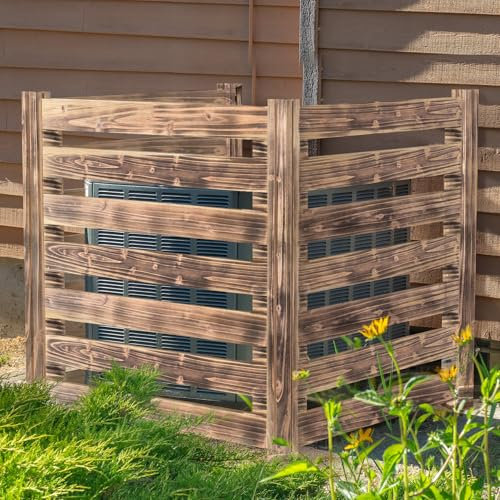 Yokaniwa Air Conditioner Fence Wood Composter Bin 3 Panels 36 L x 36 W x 36 H Privacy Fence Panels, Pool Equipment Enclosure Outdoor Trash Can Screens, Burnt Brown Color.