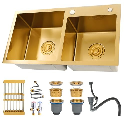 ATHOMASM Dorado Fregadero Cocina 2 Seno 80x45cm, Fregadero Cuadrado de Acero Inoxidable con Grifo, Apto para instalación bajo encimera, Enrasado o Sobre encimera