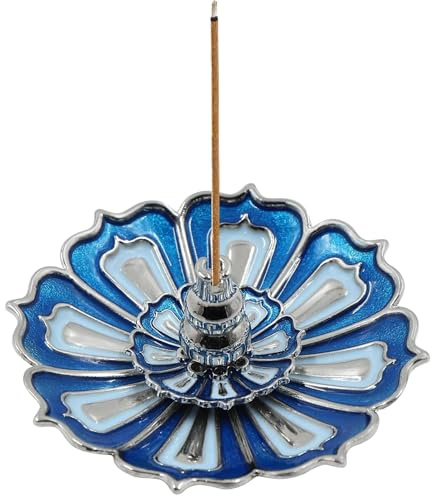 Rnigra Lotus Incense Holder Blue, Incense Stick Holders Alloy Material, Incent Stick Holders with Detachable Ash Catcher, Cone Coil Incense Sticks Holder, for Home Spa Meditation Yoga and Decorations