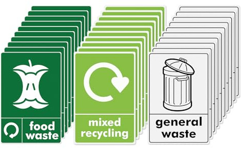 YIKIADA Mixed Pack of 30 Multi Recycling Bin Stickers 150 × 100 mm | Food Waste, Mixed Recycling, General Waste, Vinyl, Removable, Waterproof, Self Adhesive, Decal for Home Office Kitchen