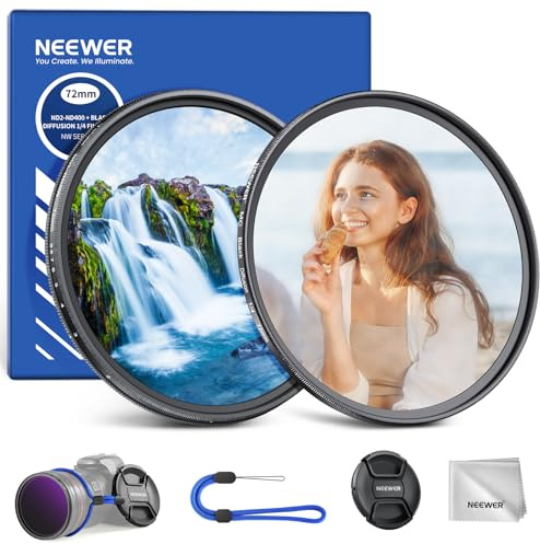 NEEWER 72mm Filtre ND Variable 2-400 & Filtre de Diffusion Noir 1/4 pour Effet Cinématographique Brumeux,2PCS Filtres Multicouches à Densité Neutre & Kit de Filtres à Effet d'Objectif Doux et Onirique