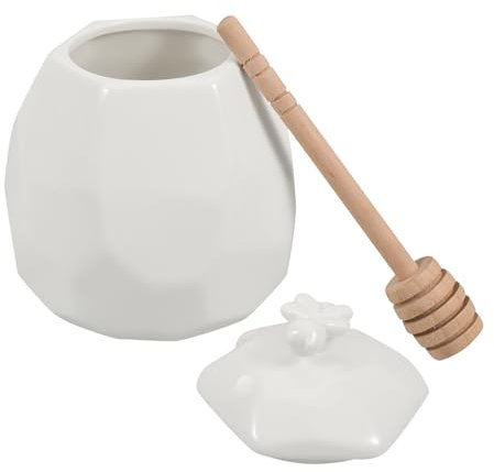 LOPUNER Tarro y Cucharón de Madera de Miel con Tapa de Cerámica de 200ml Blanco de Forma Compacta para Almacenar y Dispensar Miel en Cocina