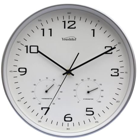 Youshiko Large Wall Clock with Temprature & Humidity, 12'' Non Ticking Silent Sweeping Seconds, Home/Kitchen/Office/School Clock, Easy to Read (Silver)