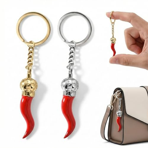 JEYORZY 2 Pcs Portachiavi Uomo Donna in Acciaio Personalizzato, Portachiavi, Cornetti Portafortuna, Cornetto Portafortuna, Portachiave Corna e Corno Rosso