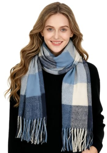 Augesak Bufanda Mujer Invierno, Cuadros Bufanda de Cachemira para Mujer, Estola Chal Invierno, Pañuelo Cuello, Regalos Navidad para Mujeres, Madres, Abuela-Azul