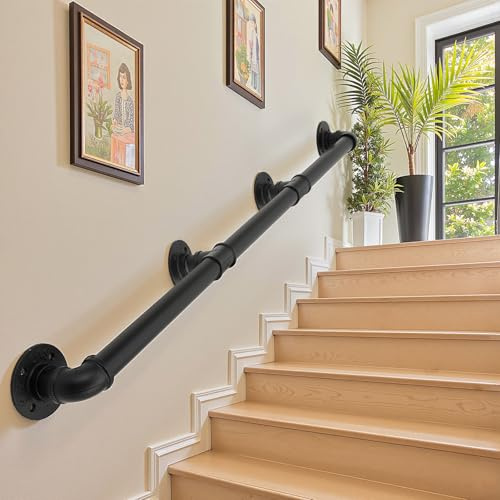 INMOZATA Stair Handrai,3M Wall Mounted Handrail,Safety Hand Rail Non-Slip Industrial Pipe Towel Rail Carbon Steel Wall Balustrade Handrail Banister Stair Railing for Indoor Outdoor