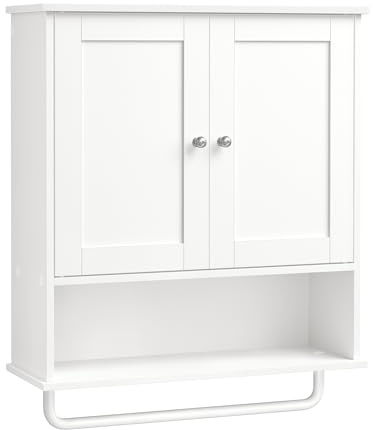 VASAGLE Hängeschrank, Badezimmerschrank mit Handtuchhalter, offenes Fach | Wandschrank, verstellbare Ablage, doppelte Türen, Landhausstil, wolkenweiß, SIREN Kollektion BBK149WB01