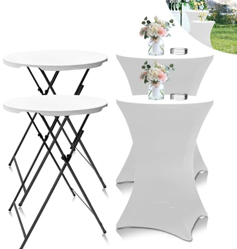 THESEATOP 2 Pack 32in High Top Folding Cocktail Table+ 2 White Table Covers