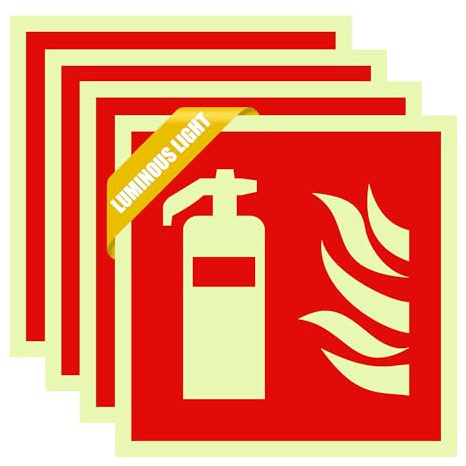 4 letreros para extintores, pegatinas autoadhesivas de PVC fosforescentes | para extintores, 150 x 150 mm, conformes a la norma ISO, para uso en interiores y exteriores