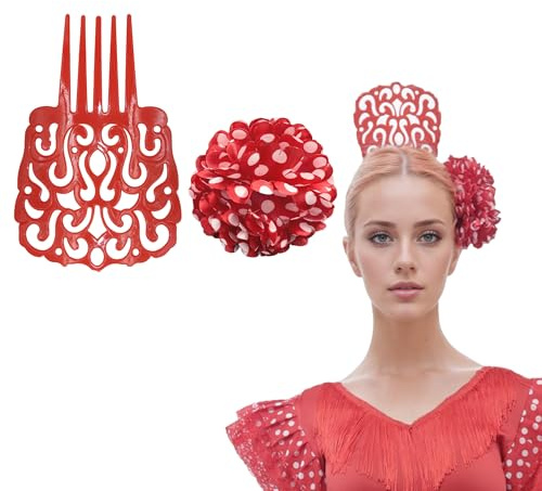 Großer Flamenco-Haarkamm mit Blume, für Damen, 2-teiliges Set, traditionelles Zubehör für Aprilmesse, Sevillana-Kostüm und andalusische Partys (Rot / Weiß)