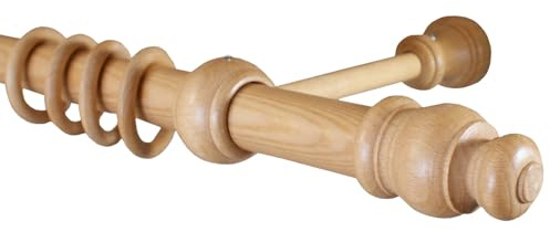 iso-design Gardinenstange aus Holz mit 28 mm Durchmesser in Farbe Eiche hell, viele Größen, Vorhangstange mit Gardinenringen, Endstück MQ 200 cm