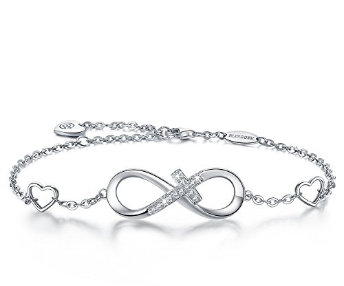 BlingGem Damen Armband aus Weißgold vergoldet 925 Sterling Silber mit Rundschliff Zirkonia Unendlichkeit Kreuz Bettelarmband Frauen