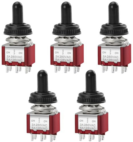 Heschen Mini Momentary Toggle Switch, MTS-223, (ON)-OFF-(ON), DPDT, 6 Pin, 2A 250V, 5A 125V, with Waterproof Cover, Pack of 5