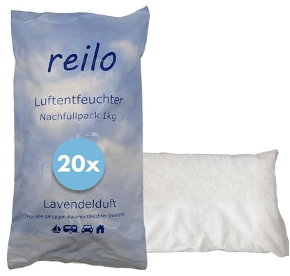reilo 20x 1kg Lavendelduft Luftentfeuchter Granulat, Raumluftentfeuchter im Vliesbeutel, Nachfüllpacks für gängige Entfeuchterboxen, Lufttrockner für Wohnraum, Schlafzimmer, Keller