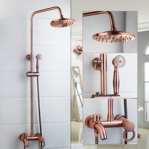 Freiliegendes Duschsystem mit 20,3 cm Regenduschkopf, 3 Funktionen, Badezimmer-Duscharmatur-Set, Wandmontage, Kupfer-Duscharmatur mit Handbrause und Antik-Messing-Duscharmaturventil