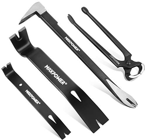 MAXPOWER Pry Bar/Nail Puller Set 4-Piece, 300mm Crowbar Claw Nail Puller, 260mm Wonder Pry Bar Wrecking Bar, 190mm Mini Utility Bar and 250mm Carpenters Pincer