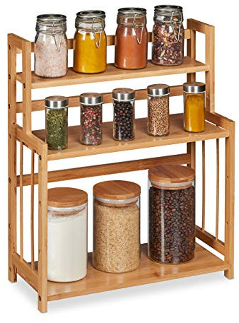 Relaxdays Gewürzregal Bambus, verstellbar, Küchenorganizer für Gewürze, platzsparend, 3 Etagen, HBT 50x41,5x18 cm, natur