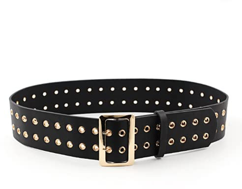 Jungerhouse Damen Gürtel Doppelter Ösengürtel fashion mode PU Leder Jeansgürtel Doppelloch Nietengürtel Punk Gürtel (Schwarz)
